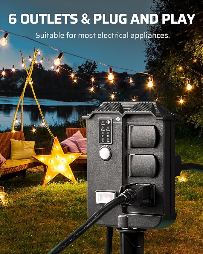DEWENWILS Outdoor Power Stake Timer Waterproof, 6 Grounded Outlets, 6FT - Image 4