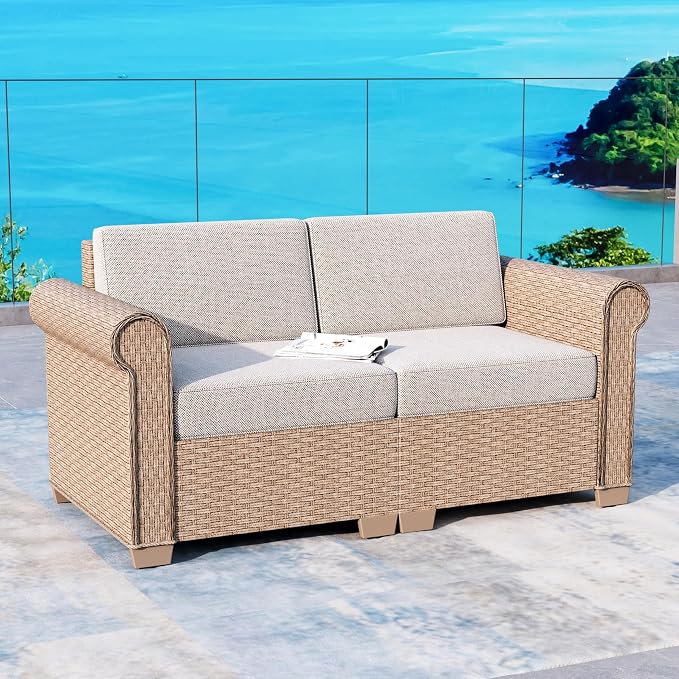 Patio Rattan loveseat, 2-Seat Wicker Rattan Sofa by SUNSHINEVALLEY