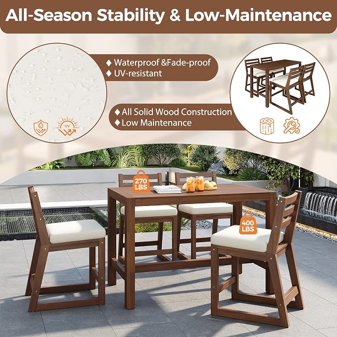 Merax 5-Piece Outdoor Patio Bar Set, Acacia Wood Bistro Table and Chairs - Image 5