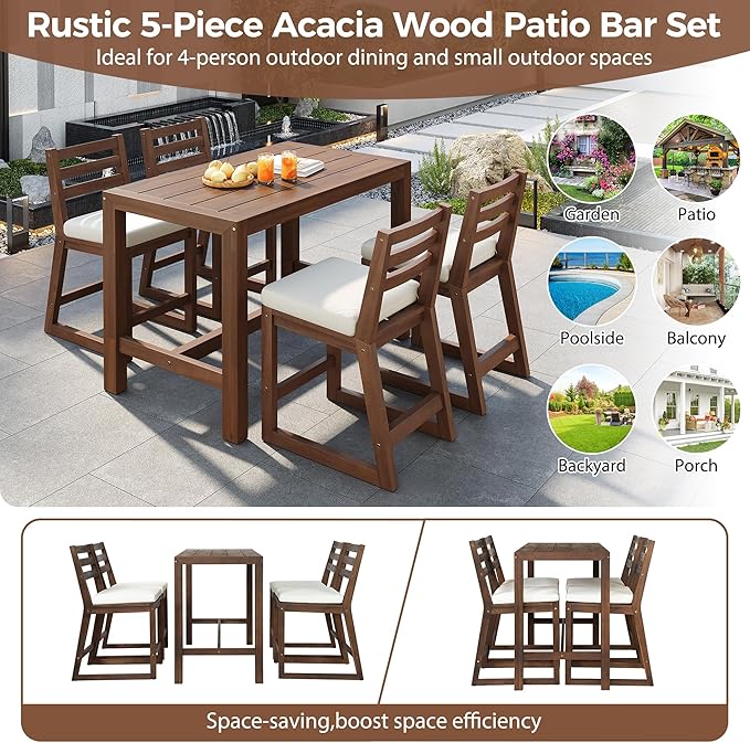 Merax 5-Piece Outdoor Patio Bar Set, Acacia Wood Bistro Table and Chairs - Image 6