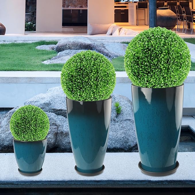 24-21-11 Inch Tall Planters Set of 3, Indoor Outdoor Blue Glossy Round Planter - Image 5