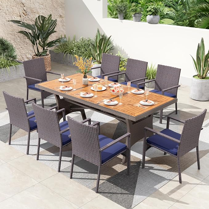 PHI VILLA Outdoor Dining Set for 8, Rectangular Wicker Table by PHIVILLAThepioneerofcomfortablehouseholdsupplies