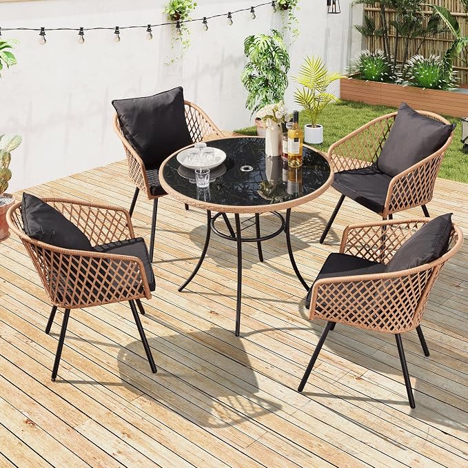ECOTOUGE 5 Piece Patio Dining Set, Wicker Outdoor Furniture Set w/Glass Round - Image 6