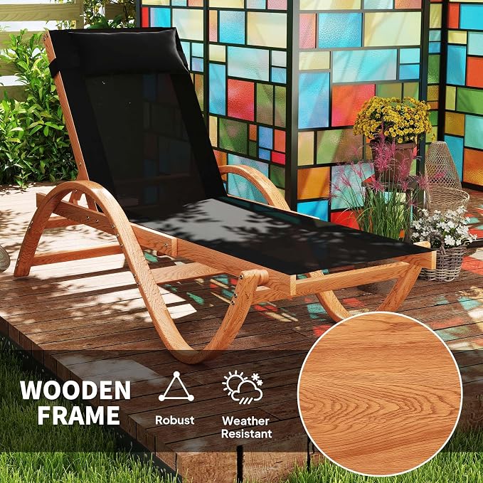 Outsunny Larch Wood Lounge Chair, 4-Level Adjustable Tanning Chair, Full Flat - Image 7
