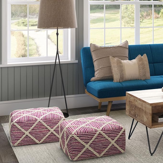 SIMPLIHOME Cowan Contemporary Square Pouf in Magenta and Natural Handloom Woven - Image 2