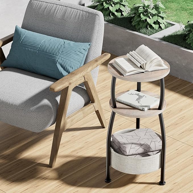 Round Side Table with Storage Basket –Small Space Saving End Table 3-Tier - Image 6