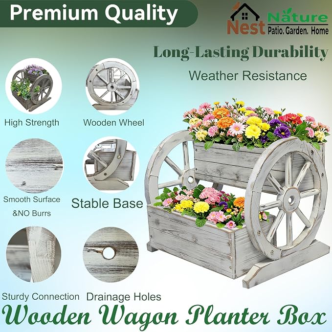 NestNature Wooden Wagon Planter Box, Raised Garden Bed, Decorative Garden - Image 7