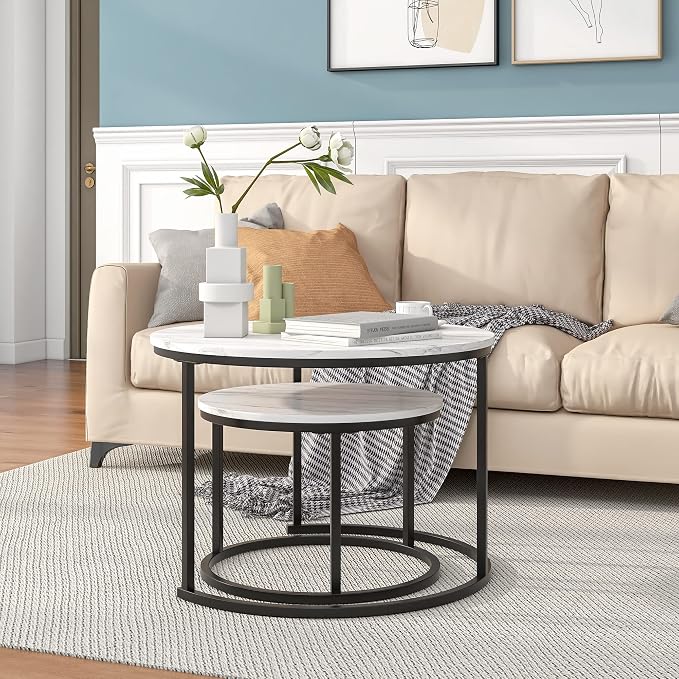 HOJINLINERO Round Coffee Table, Nesting Coffee Table Set of 2, Center Tables - Image 4
