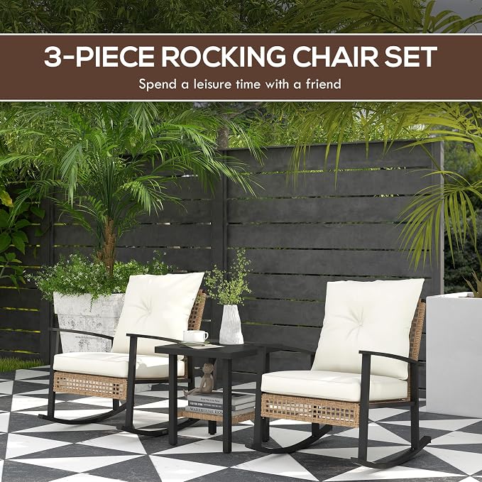 Outsunny 3 Pieces Rocking Wicker Outdoor Bistro Set, Rattan Patio Furniture Set - Image 3
