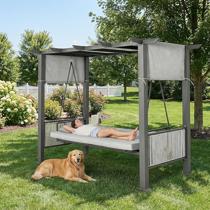 Pamapic 2-in-1 Convertible Porch Swing Bed, 3-Seat Elegant Patio Swing - Image 4