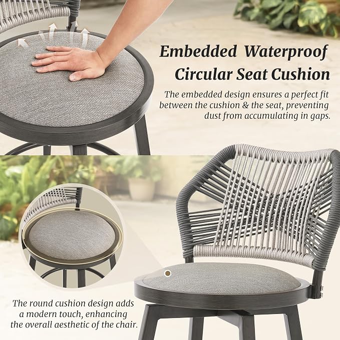 360° Swivel Outdoor Bar Stools Set of 3, Modern Aluminum Wicker Bar Stool - Image 5