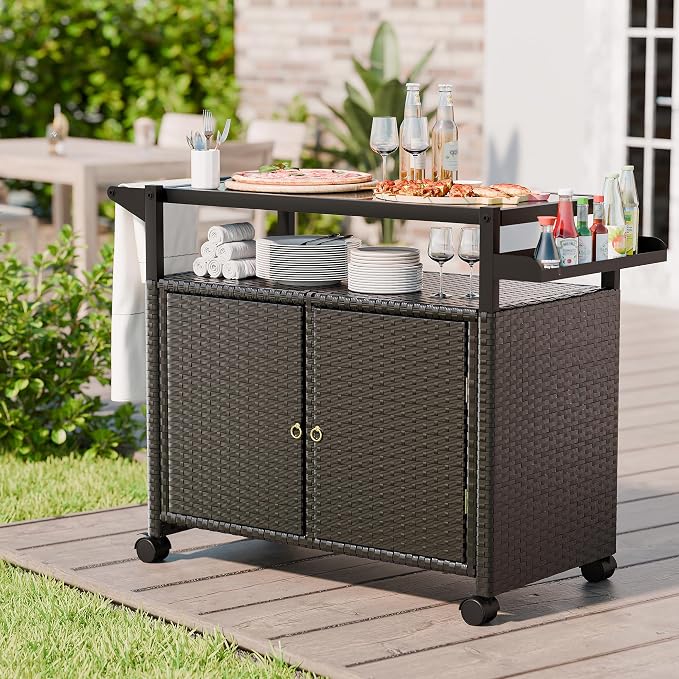 MU Outdoor Bar Cart with Storage and Wheels, Outdoor Bar Table with Tempered by MU