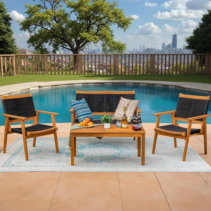 Devoko 4 Pieces Acacia Wood Patio Conversation Sets, Patio Furniture Set - Image 2