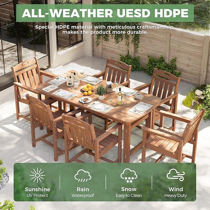 HDPE Outdoor Dining Set, Patio Table and Chairs Set, All-Weather 7-Piece - Image 3
