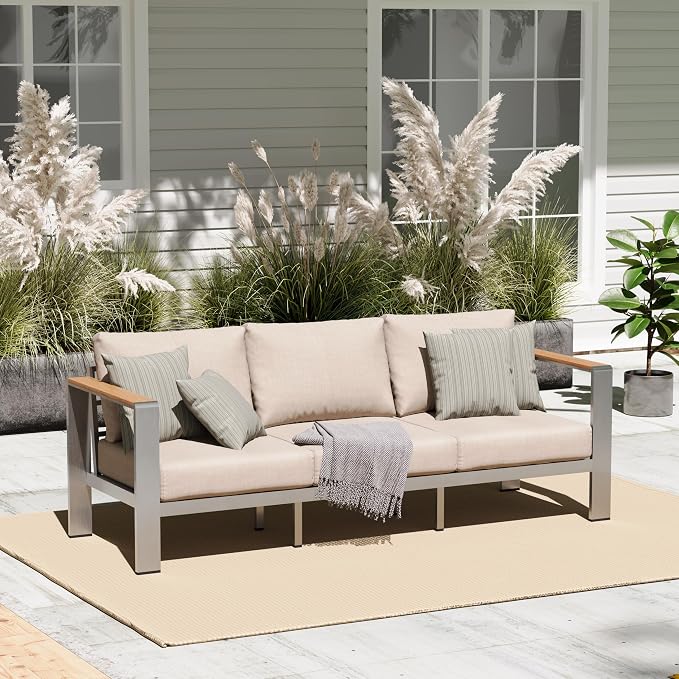 Aluminum Outdoor Patio Furniture, 3 Seats All-Weather Outdoor Patio Sofa by Oasbira