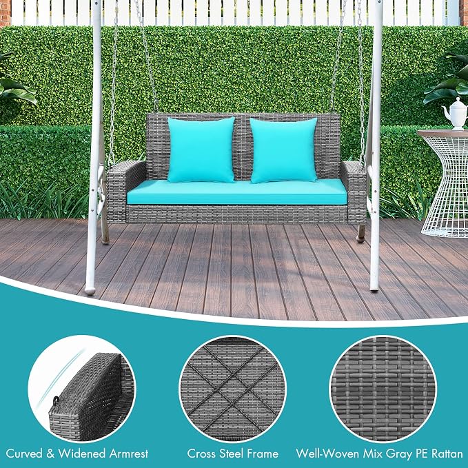 DORTALA Hanging Porch Swing, 2-Person Outdoor Wicker Swing Chair Bench - Image 2