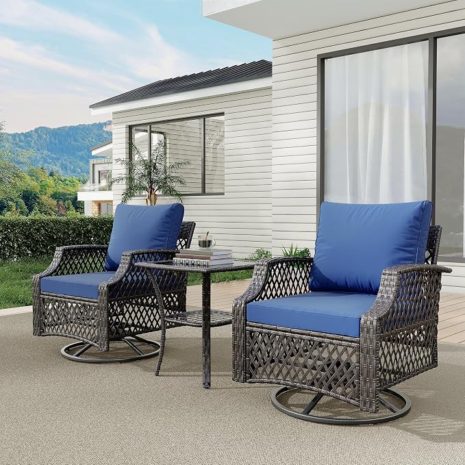 HOMREST 3 Piece Outdoor Swivel Chair Set, Wicker Patio Bistro Set by HOMREST