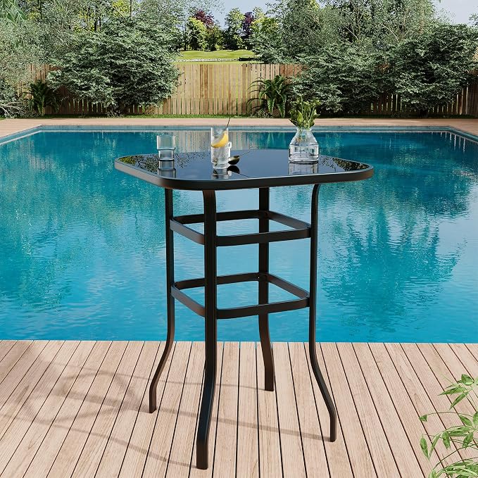 Outdoor Patio Bar Table, 31.5 Inch Tempered Glass Bistro High Top Table All by GarveeTech