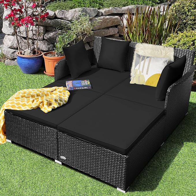 HAPPYGRILL Patio Rattan Daybed Outdoor Loveseat Sofa Set - Image 2