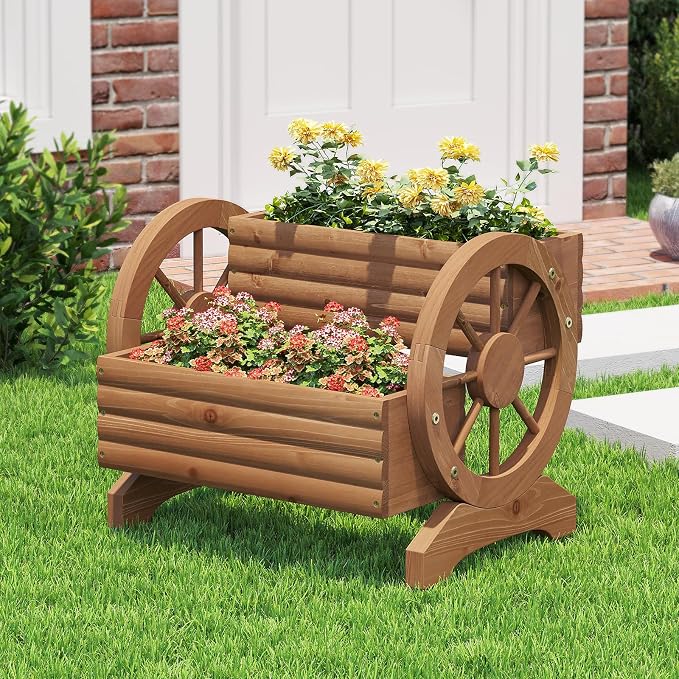 Wooden Wagon Planter Outdoor Flower Cart - Image 8