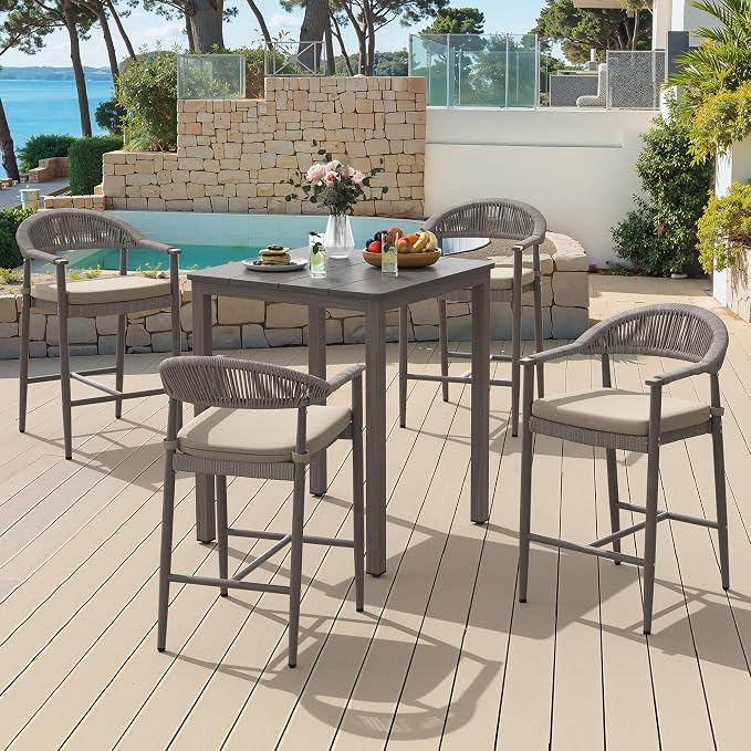 5-Piece Outdoor Patio Furniture Set, 4 Rattan Bar Stools by COZYMAN