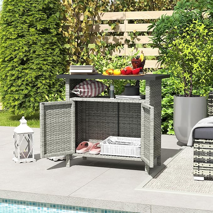 Outsunny Wicker Outdoor Storage Cabinet, Rattan Outdoor Bar Table - Image 9