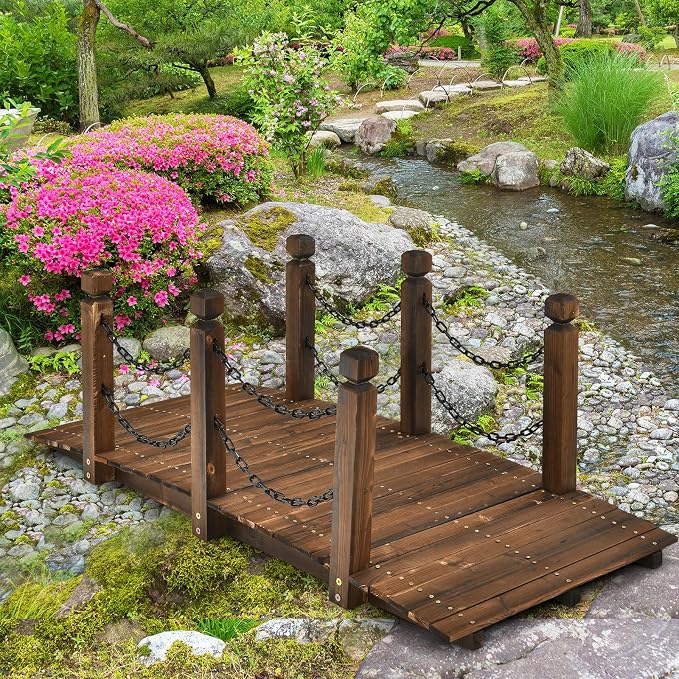 Giantex 5 FT Wooden Garden Bridge, Stained Wood Arc Footbridge - Image 2