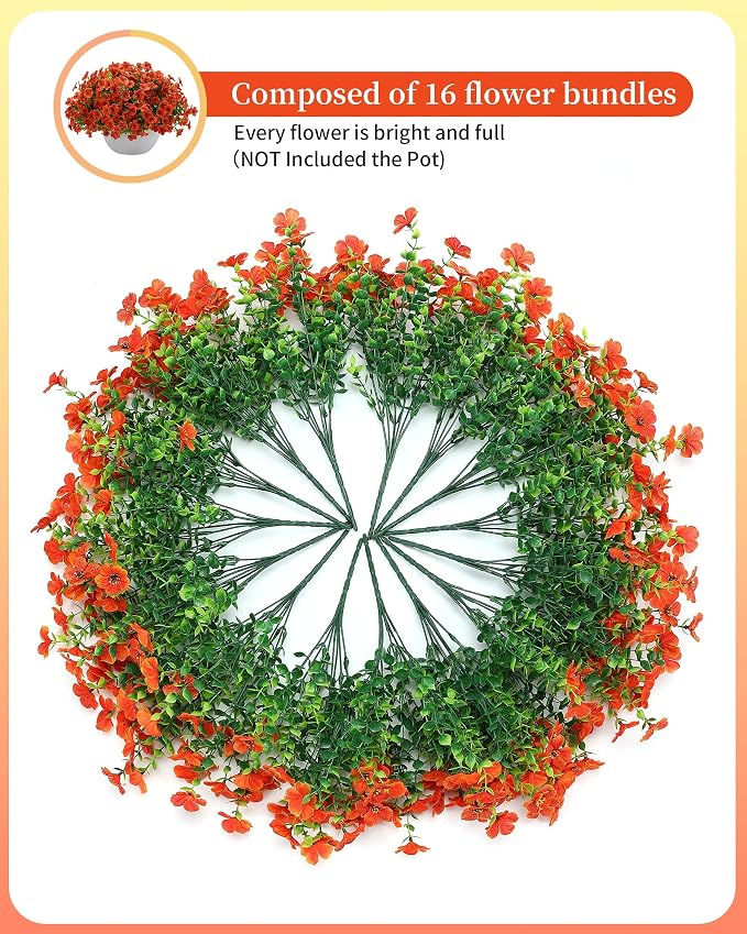 Fake Mums Faux Flowers for Outdoor Planters 16 Bundles UV Resistant Artificial - Image 2