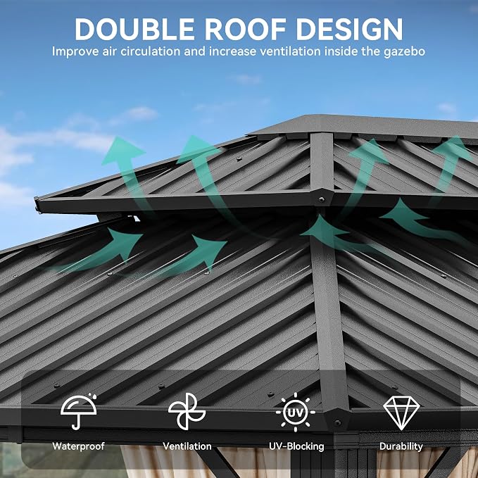 YITAHOME 10X12FT Hard Top Metal Gazebo Patios Double Roof Canopy Aluminum Frame - Image 6