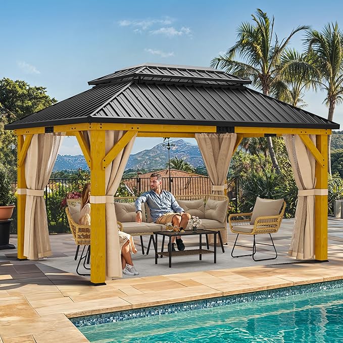 YITAHOME 13x15ft Wood Gazebo Outdoor Wooden Frame Double Roof Hardtop by YITAHOME