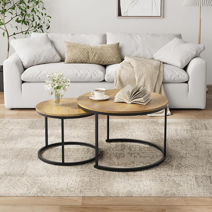 Smuxee Nesting Coffee Table Set of 2, 27.6" Round Coffee Table Wood Grain Top - Image 3