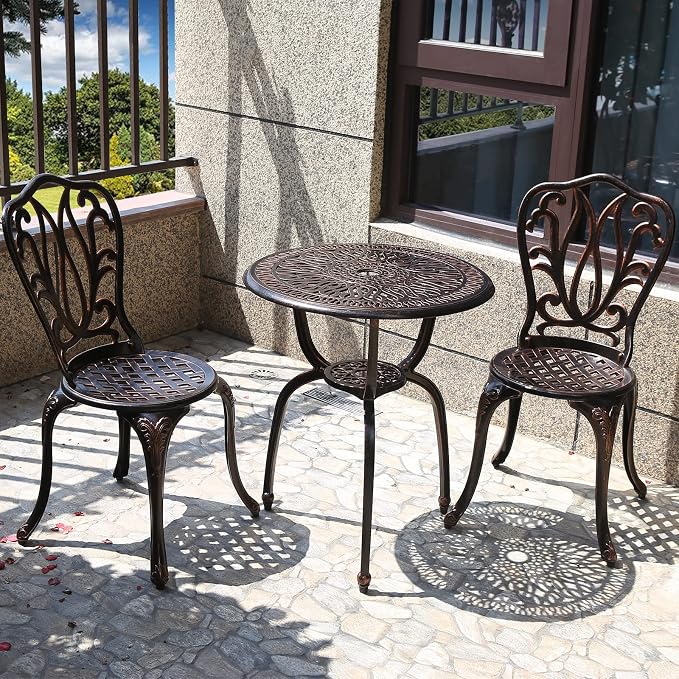 3 Piece Bistro Set, Outdoor Patio Set, Anti-Rust Cast Aluminum Bistro Table Set by C%2FG+patio+casa