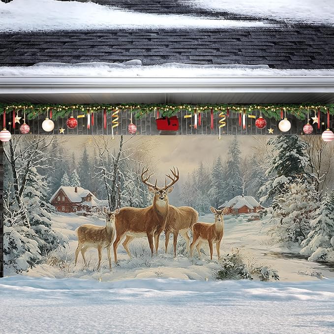 Winter Garage Door Banner 6x13FT, Winter Deer in Snowy Forest - Image 6