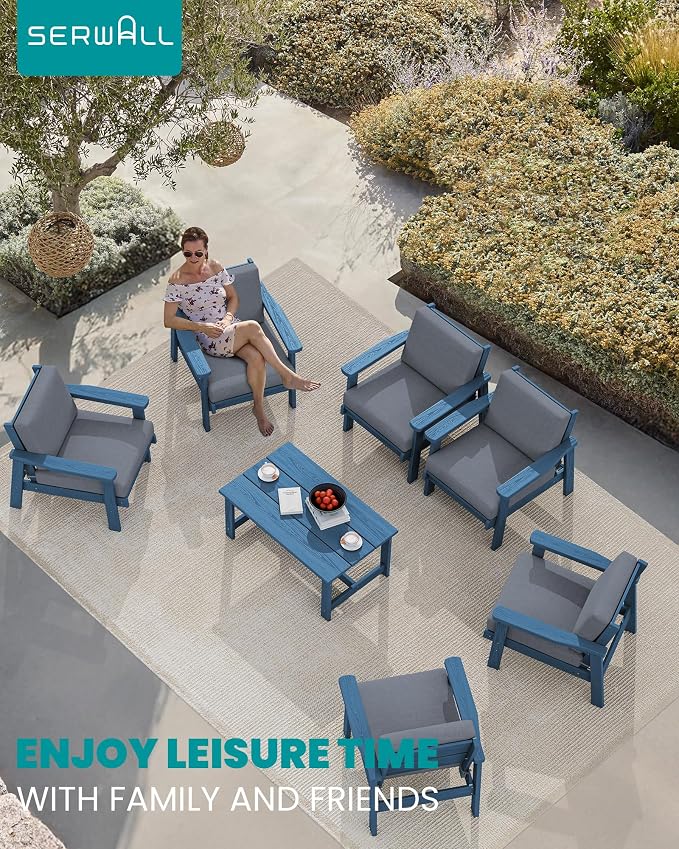 SERWALL HDPE Outdoor Furniture Set, 7 Piece All Weather Wood-Like Outdoor Sofa - Image 9