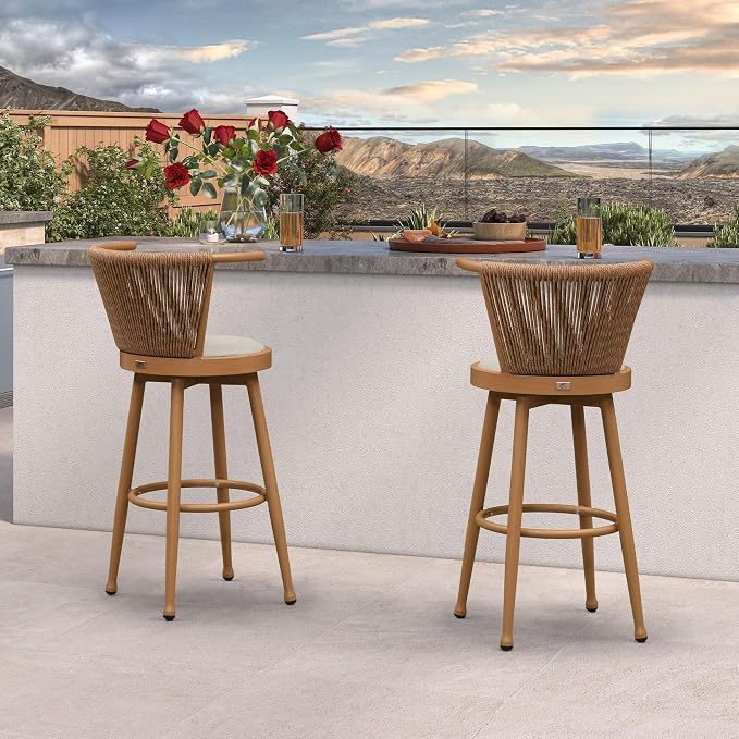 PURPLE LEAF Swivel Outdoor Bar Height Stools Set of 4 Modern Wicker Bar Chairs - Image 2