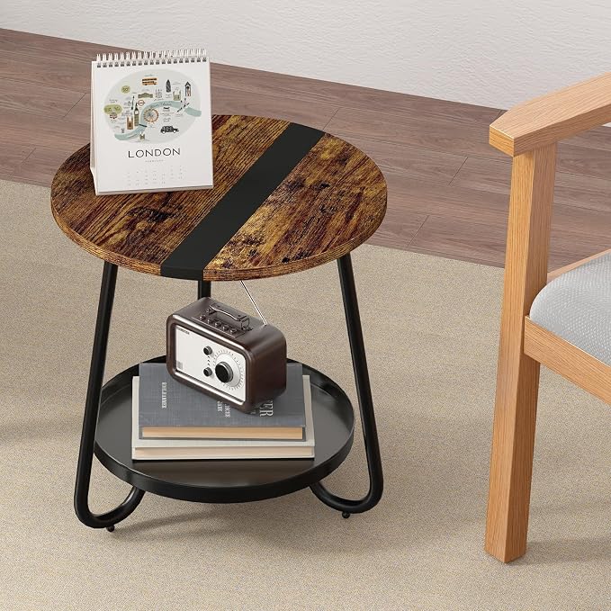 2 Tier Coffee Table in Living Room, Industrial Style Round Coffee Table - Image 8