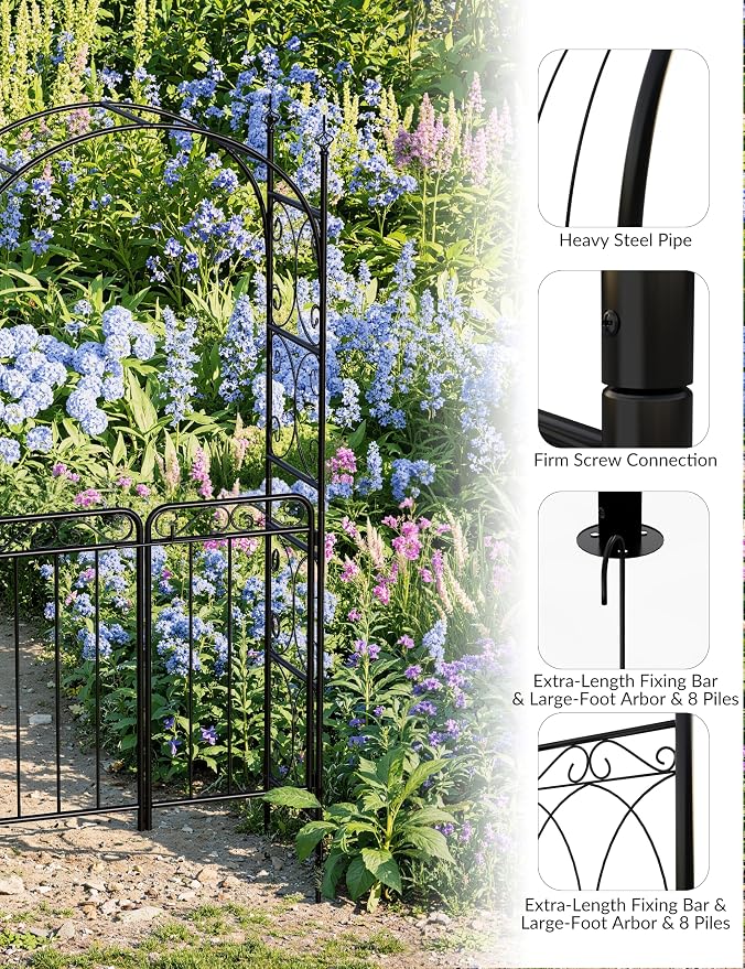 8 ft Metal Garden Arch with Gate, Elegant Wedding Archway - Image 8