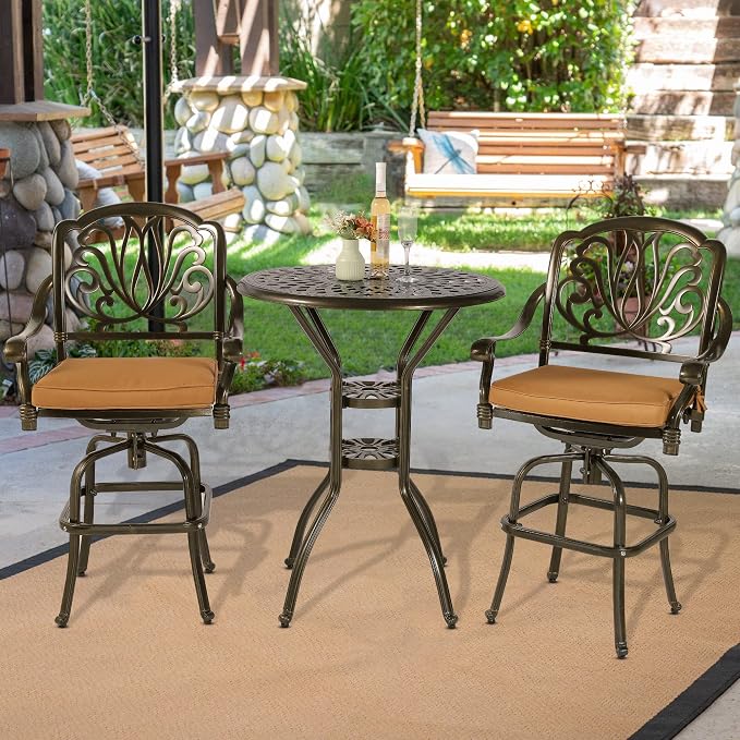 VIVIJASON 3-Piece Patio Swivel Bar Stools Set, All Weather Cast Aluminum - Image 7