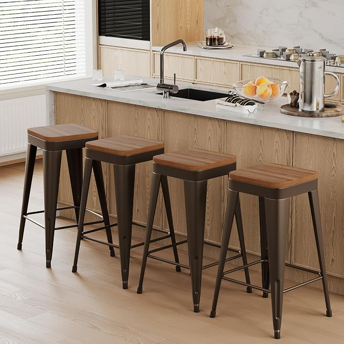 Bar Stools Set of 4 Metal Bar Stool Counter Height Bar Stools Black, Modern 24" by POINTANT
