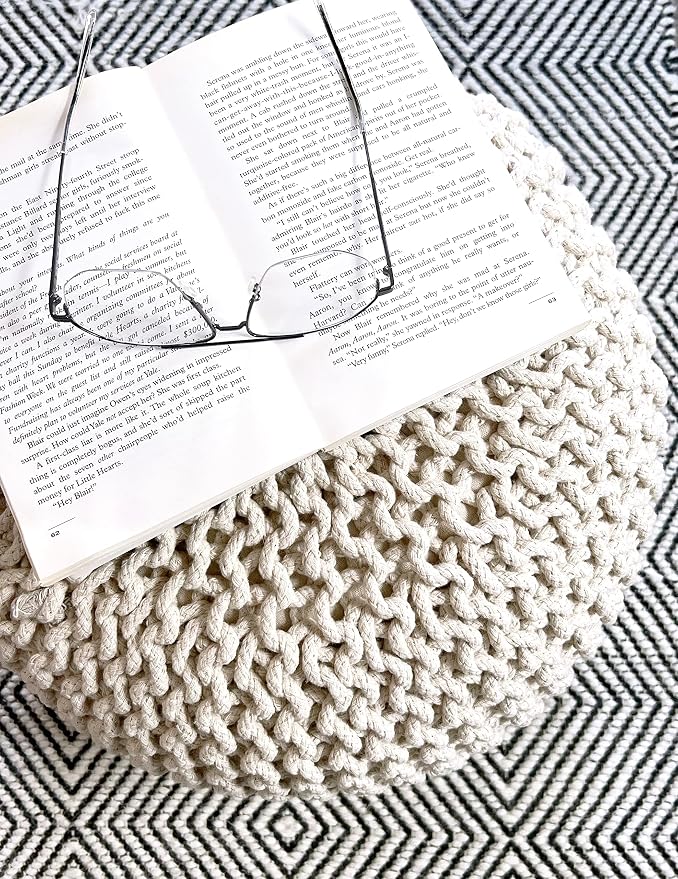 FRELISH DECOR Round Pouf Ottoman Hand Knitted 100% Cotton Pouf Foot Stool - Image 8