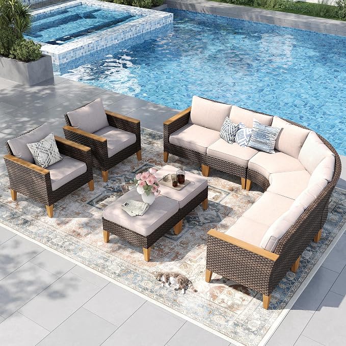 PHI VILLA 9-Piece Wicker Patio Furniture Set, Outdoor Half-Moon Curved by PHIVILLAThepioneerofcomfortablehouseholdsupplies