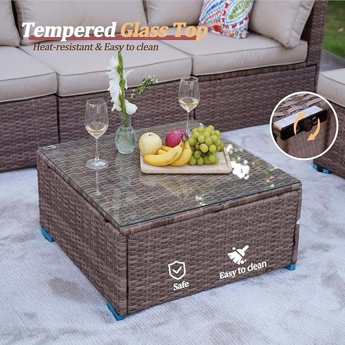 7 Piece Outdoor Patio Furniture Sets, Outdoor Wicker Conversatin Set w Glass - Image 5