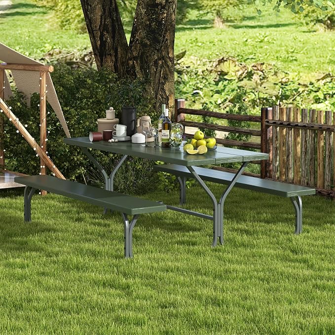 Giantex Picnic Table 6FT for 8 Person, Outdoor Table Set w/ 2 Benches, - Image 2