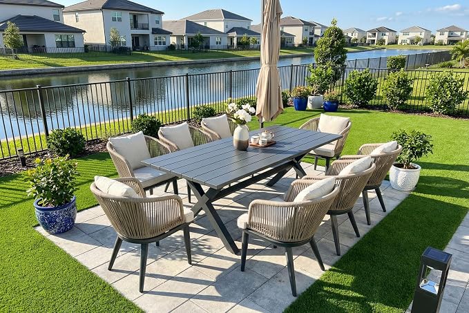 PURPLE LEAF 9 Pieces Patio Dining Set Wicker Outdoor Furniture Rectangular by PURPLELEAF