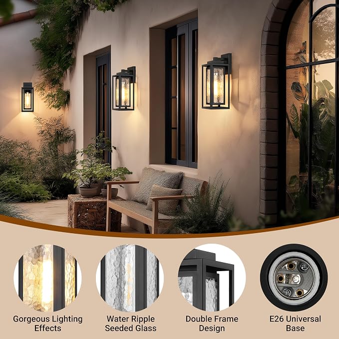 Water Ripple Outdoor Wall Lantern, Exterior Porch Light Fixture Black, 2 Pack - Image 3