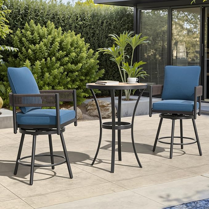 Grand patio Outdoor Swivel Bar Stools Set of 3, Metal Frame & Curved Woven - Image 2