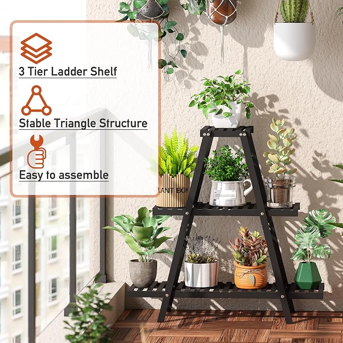 GHWIE Plant Stand Indoor Plant Shelf Outdoor bamboo Plant Rack, 3 Tiers Ladder - Image 4