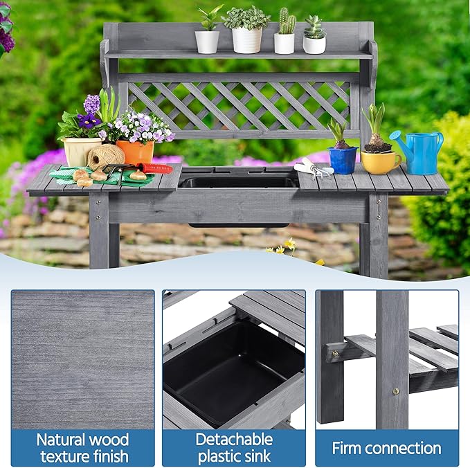 Yaheetech Potting Bench Table Outdoor Garden Potting Table Wooden Workstation - Image 5