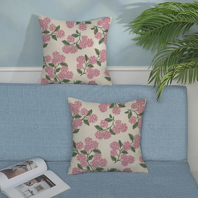Preppy Pink Spring Pillow Covers 18x18 Inch 2 Pcs Green Hydrangea Flower Decor - Image 3