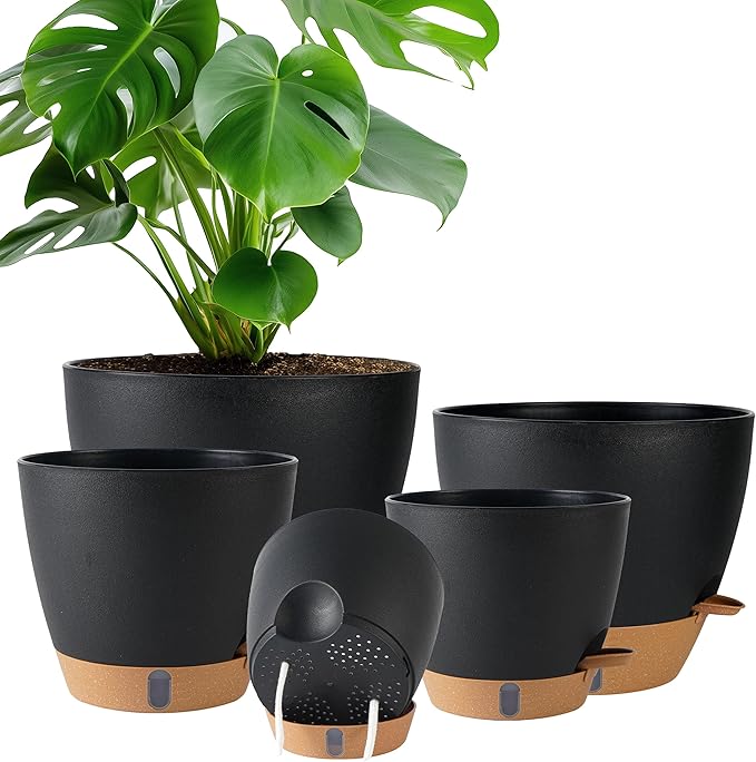 Self Watering Pots for Inoor Ourdoor Plants 10/9/8/7/6.5 Inch Plastic Planters by Fielda
